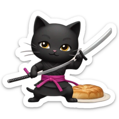 Ninja cat cuts pastry with  katana sticker