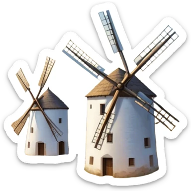 ​Cinematic Realistic Spanish Windmills (Mota del Cuervo), depicted as a cluster of gracefully aged windmills with weathered whitewashed facades and rustic wooden sails, standing proudly on a sunlit, rolling hillside of golden fields and olive groves, rendered with intricate textures and soft natural lighting that captures the timeless rural charm and historical significance of the Spanish landscape, sticker