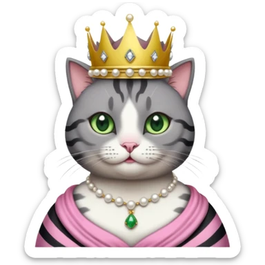 Gatito gris oscura con rayas negras ojos verdes vestida de reina con coronas y diamantes, más peluda y gordita  sticker
