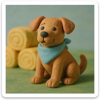 friendly farm dog with a bandana, hay bales in background, soft pastel colors, claymation style sticker