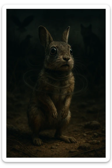 A hyperrealistic, cinematic illustration of a small wild animal, such as a rabbit or a meerkat, with wide, alert eyes and tense body posture, standing in a dry, rugged environment with predators lurking in the shadows. The animal's chest is visibly rising and falling rapidly, representing short, shallow breathing due to constant fear and vigilance. The background is dimly lit, with faint shadows of predators like hawks or foxes barely visible, symbolizing the ever-present threat. Around the animal, subtle visual representations of tension and stress appear as tight, dark rings or smoke near its chest and head, while the environment feels heavy and oppressive. The color palette is muted earth tones, with sharp focus on the animal’s tense face and rapidly moving chest, while the environment around is slightly blurred, emphasizing the feeling of isolation and perpetual fear. The style is 35mm film hyperrealistic with a storytelling, National Geographic documentary aesthetic, capturing the concept of an animal constantly living in fight-or-flight, breathing fast and shallow to survive sticker