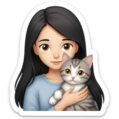  girl with black long hair, light-medium skin, brown eyes snuggling light grey tabby kitten sticker