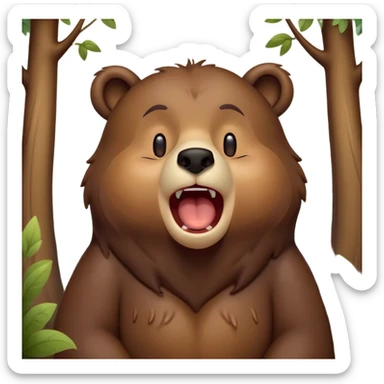 Cinematic Cute Yawning Bear Portrait Emoji, Head tilted slightly with a dramatic, wide-open yawn, showcasing a soft, plush dark brown fur with drooping ears, round eyes barely open in drowsy contentment, Simplified yet irresistibly adorable features, highly detailed, glowing with a soft, cozy glow, high shine, relaxed yet expressive, stylized with a touch of woodland charm, bright and endearing, soft glowing outline, capturing the essence of a sleepy yet affectionate bear, so drowsy it feels like it could lumber out of the screen and curl up for a nap! sticker
