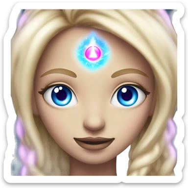 magical diva with thin pink andromedan face long blonde hair and blue eyes glowing third eye sticker