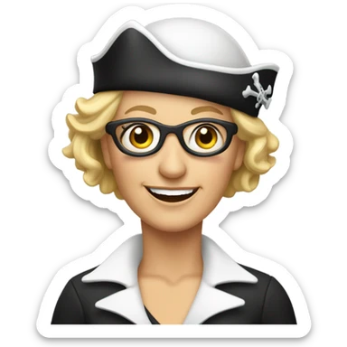 smiling older white woman with eye patch and earrings and short blond hair wearing  pirate hat sticker