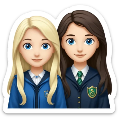 a pretty ravenclaw girl with long dark brown hair and blue eyes standing with a hot Slytherin girl with long blonde hair, blue eyes sticker