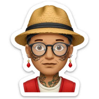 unique looking tourist with big unique red tourist hat and earrings, man with lots of tattoes and spectacles sticker