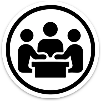 Minimalist black filled icon for Dedicated In House Operational Teams. A team or group working together symbol inside a circle, filled with black, matching the same color code and format as the reference images. sticker