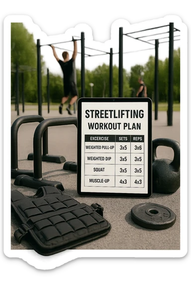 a detailed workout plan for streetlifting displayed on a clipboard or digital tablet, surrounded by gym equipment like weighted vests, dip bars, pull-up bars, and kettlebells. The plan includes exercises such as weighted pull-ups, weighted dips, squats, and muscle-ups, with sets and reps clearly visible. The background is a modern outdoor calisthenics park, with athletes training in the distance. sticker