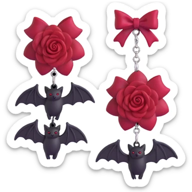 gothic earrings with crimson velvet bows, silver bat charms, deep red rose accents, dramatic and gothic sticker