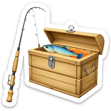 A fishing rod with reel and line neatly coiled beside a bait box. sticker