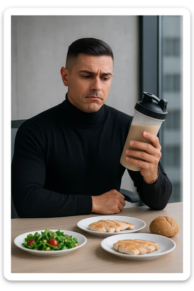 un uomo in abiti da ufficio tiene in mano uno shaker o una bottiglia di sostituto pasto, guardandolo con un’espressione neutra o leggermente indecisa. Sul tavolo davanti a lui ci sono piatti di cibo solido non toccati, come insalata, pollo e pane, a sottolineare la sua scelta di evitare il pasto tradizionale. L’atmosfera è moderna e riflessiva. sticker