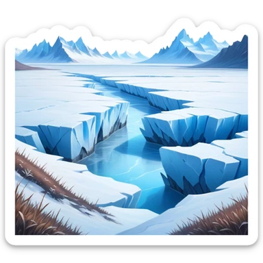 Cinematic Realistic Tundra with Glaciers Emoji in a wooden frame, Vast and frozen, with endless expanses of snow-covered ground interrupted by massive glaciers creeping across the landscape. Jagged ice formations rise in the distance, their icy blue tones contrasting with the pale, frosty sky above. Sparse grasses and hardy shrubs cling to the frozen earth, fighting against the relentless cold. The light reflects off the snow and glaciers, casting a soft glow across the desolate yet majestic terrain. Soft glowing outline, capturing the essence of a serene, stark wilderness where glaciers dominate and life endures in the harshest conditions. sticker