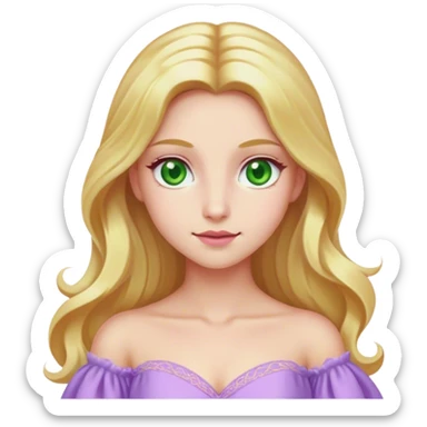 Cinematic Realistic Rapunzel Portrait, with porcelain-like skin featuring a subtle, natural glow, illuminated by soft lighting that brings out the gentle contours of her face. Her long, golden blonde hair cascades in detailed waves, each strand highlighted with a radiant shimmer as it catches the light. She playfully holds a flower in one hand, her other hand resting casually in her lap, with a warm and spirited expression. Her bright, expressive green eyes exude curiosity and warmth, framed by delicate lashes and soft, arched brows. She is dressed in her classic lavender and pink gown, the fabric textured with delicate folds that flow naturally, catching the light with a soft, radiant glow. The portrait captures a luminous, enchanting aura, seamlessly blending realism with a whimsical, fairytale charm, evoking a timeless sense of beauty and magic. sticker