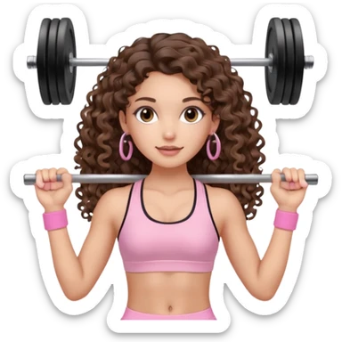 cute balayage brunette long hair curly/wavy haired girl, hoop earrings, clean girl makeup DOING EXERCISE with weights with a cute pastel pink set sticker