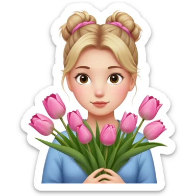 A girl with a messy bun, holding a bunch of pink tulips. sticker