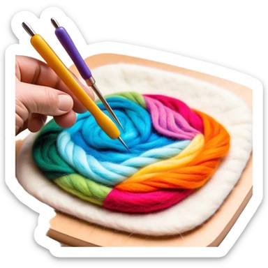 Felt art creation icon, layers of colorful felt being carefully shaped with felting needles into a picture or decorative design, visible hand tools like felting needles, no finished artwork, just the process of felting, minimalistic style, clean lines, transparent background. sticker
