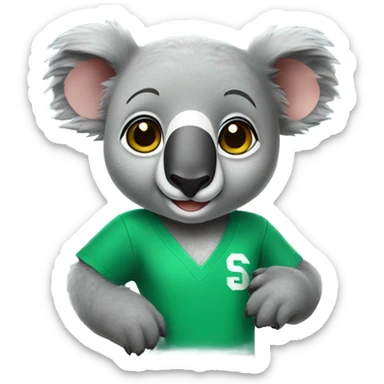 A cute koala wearing a green shirt that has a white collegiate “S” on it sticker