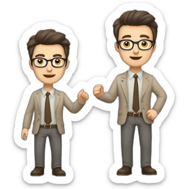 To belt Actively gesturing with hands Pale skinned fit man teacher with dark brown hair in gray jacket, beige office shirt, brown tie, brown pants and vintage glasses. sticker