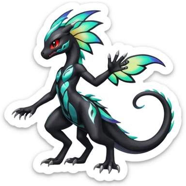 Colorful Shiny Meloetta-Venom-Zekrom-Salandit-fusion, full body, tribal markings  sticker