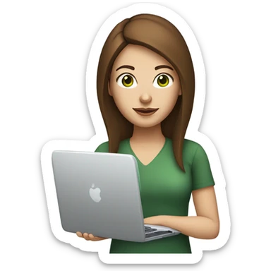 Web designer carrying a computer in her hands. white woman with medium-length brown hair, green eyes and freckles on her nose. sticker