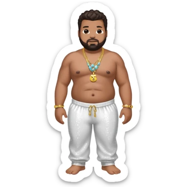 Fatman Scoop with dark brown hair, white sequin baggy pants, shirtless with necklace sticker