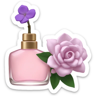 Aesthetic view of blush pink gardenias with a classic violet perfume bottle.
 sticker