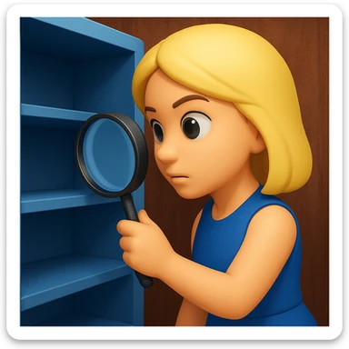 emoji of white empty shelf in perspective view with a standing woman nearby, she is looking at the shelfs with a magnifying glass, she is turned to the shelfs, emoji style, woman wearing a blue dress, adjust the perspective to be more dramatic, with a different background sticker