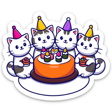 six different cats arranged in a circle, celebrating with party hats, each cat holding a piece of sushi, birthday cake in the center sticker
