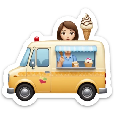 a girl with short brown hair chasing after an ice cream van that is driving away on a road sticker