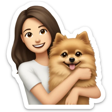 beige Pomeranian in the hands of a white young woman with dark brown hair smiling and cuddling the dog  sticker