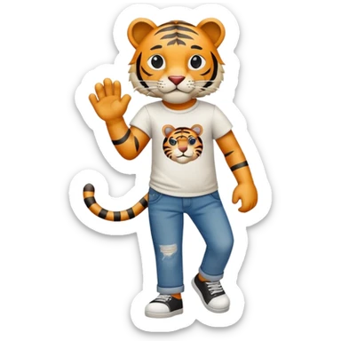 anthropomorphised tiger in a band t-shirt and jeans with an eye patch walking upright relaxed pose sticker