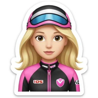 blonde long hair woman with black racing outfit with pink strips sticker