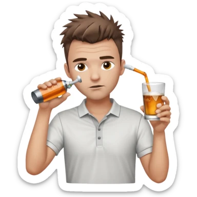 Handsome male.short messy brown hair.mowhawk hairstyle. wearing white golf shirt.grey shorts. Drinking shooter . sticker