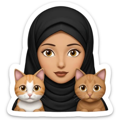 A Arabic woman human with brown eyes and black hijab. , the human is a human no cat ears, two cats, the both cats have the colour black and white in the same colour, not orange cat,  NO CAT EARS ON THE HUMAN ,  sticker