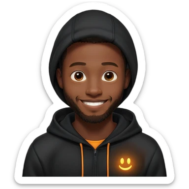 African yound man in his late 20s with a  bright smile with a short boxed beard, black hoody in Pixar cartoon style. with a skin glow sticker