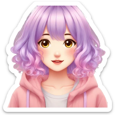 Gorgeous anime style shojo character with blushing face aesthetic and pretty colorful shiny gradient pastel hair with hair garment trending style sticker