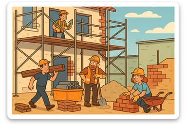a construction site under renovation, with scaffolding, construction workers, safety helmets, and building materials, playful and colorful, clear outlines, cartoon style sticker