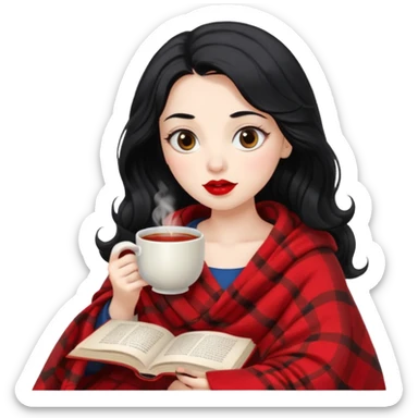 Long wavy Black haired, white skinned, dark big eyed girl with red lipstick wrapped in a blanket, sipping tea and reading a book sticker
