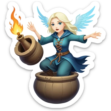 Baba Yaga sorceress woman flying in a mortar, magical aura sticker