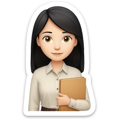 a light tan woman with long black hair past mid-back, round brown eyes, white button up shirt. holding manila folder sticker