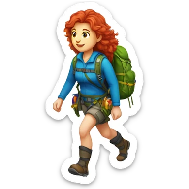 Female mountain climber red hair climbing, Greek flag on backpack and holding Easter eggs basket sticker