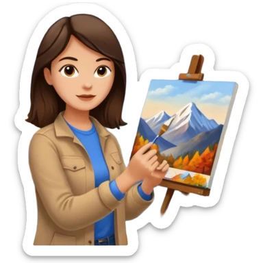 Brunette Artist painting a beautiful autumn mountain peak destination on canvas sticker