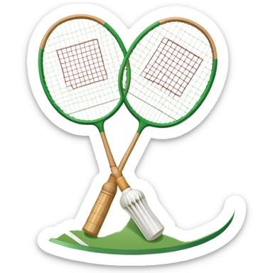 Two crossed badminton rackets with a shuttlecock resting in between, set against the faint outline of a badminton court. The image highlights the tools of the sport, with a subtle emphasis on the court's net and boundaries, symbolizing competition and skill. sticker