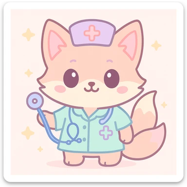 kitsune fox as a medic with a stethoscope, cute cartoon style sticker