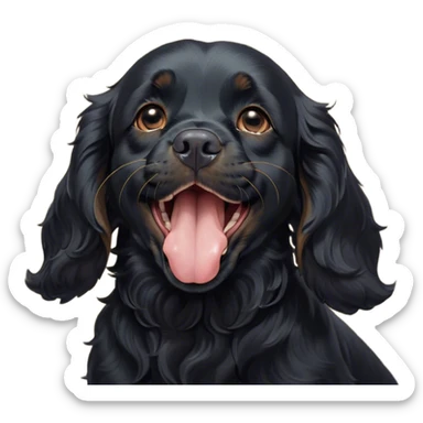 Cinematic Cute Yawning Black Cocker Spaniel Portrait Emoji, Head tilted slightly with a dramatic, wide-open yawn, showcasing a sleek black coat with subtle tan highlights, floppy ears slightly drooping, round dark eyes barely open in drowsy contentment, Simplified yet irresistibly adorable features, highly detailed, glowing with a soft, cozy glow, high shine, relaxed yet expressive, stylized with a touch of whimsy, bright and endearing, soft glowing outline, capturing the essence of a sleepy yet affectionate companion, so drowsy it feels like it could stretch out of the screen and curl up for a nap! sticker