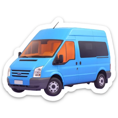 electric light blue Ford Transit passenger van, side profile, front facing right, extra glossy finish sticker