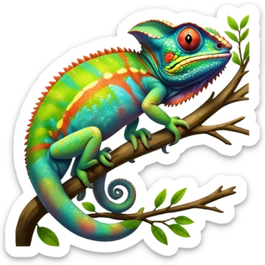 Giant Chameleon blending into natural surroundings, perched on a branch. Its vibrant colors shift with the environment. Lush greenery, branches, and soft sunlight create a peaceful, nature-filled background. Transparent background, showcasing the chameleon's colorful, textured skin. sticker