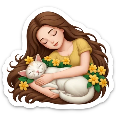 A sleeping long-haired woman is lying down holding a three-flowered cat. sticker