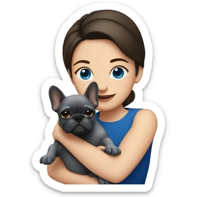 Brunette woman hugging dark gray french bulldog with blue eyes sticker